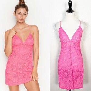 Victoria's Secret Lace Babydoll Dress L Womens Hot Pink Y2K Sheer Lingerie
